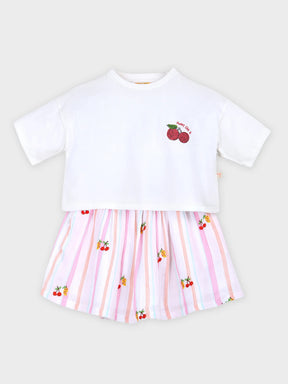 Cherry Print T-Shirt & Pastel Stripe Skirt Set for Girls