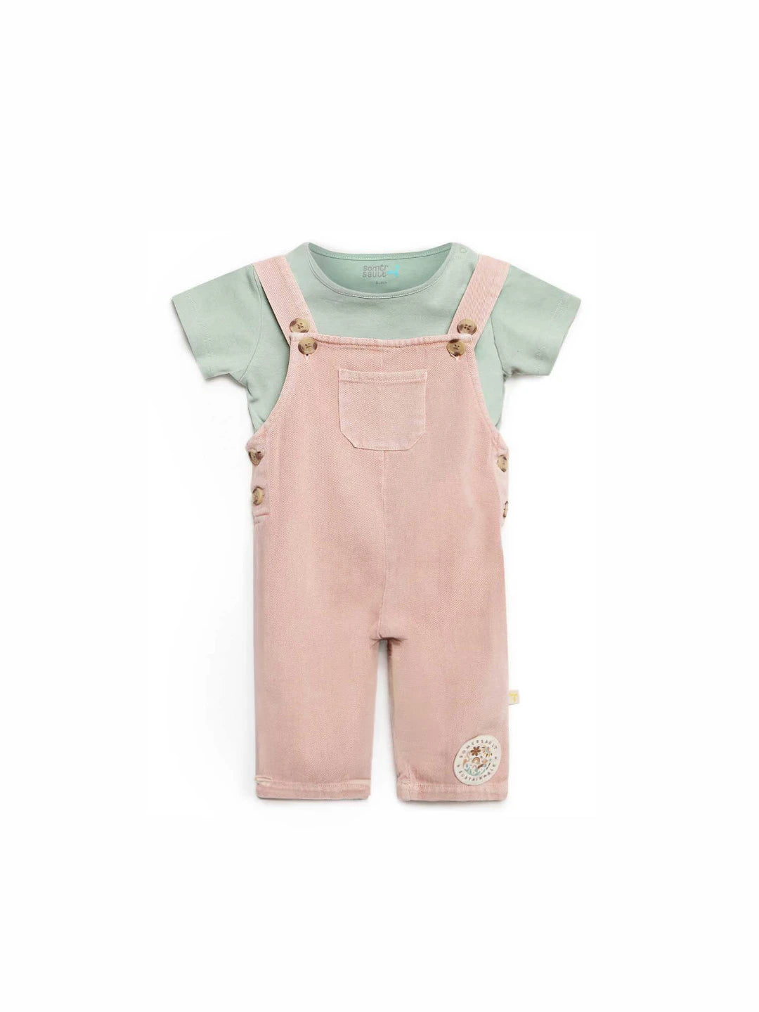 Pink Natural Dungaree With Green Tee