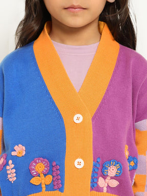 Flower & Checks Printed Cotton Cardigan