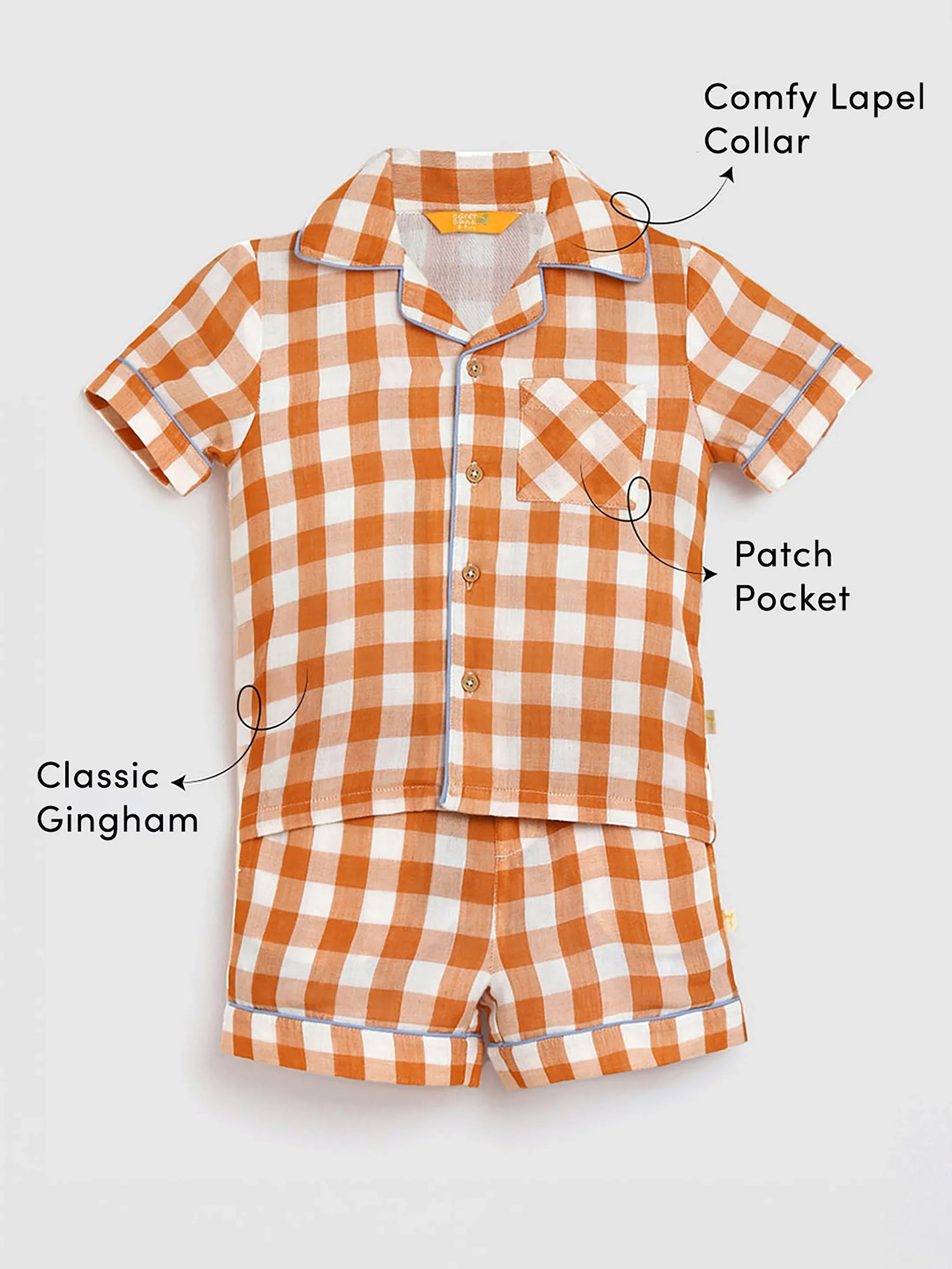 Brown Sugar Gingham Cotton Shirt & Shorts Pyjama Set