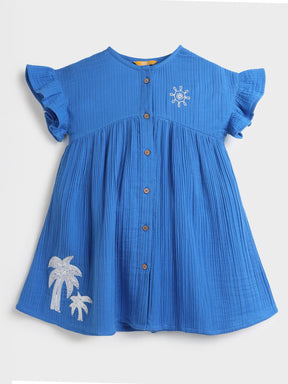 Blue Palm Embroidered Flutter Sleeve Dress