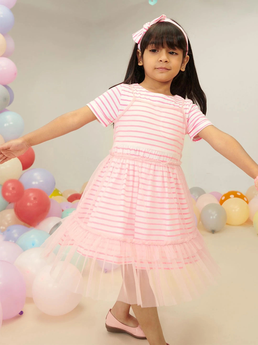 Pink Dress Set with Striped Dress & Tulle 3 Piece Set