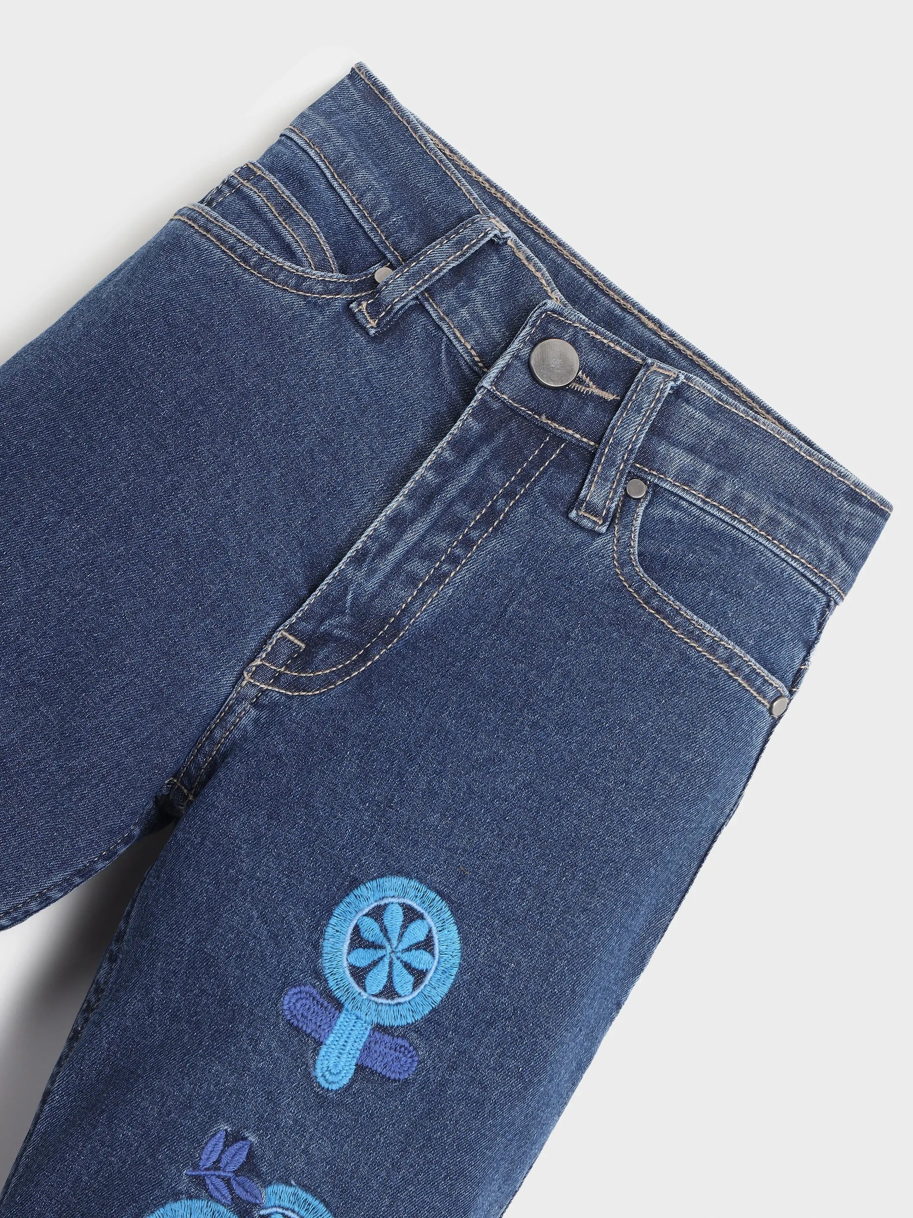 Blue Embroidered Denim Pants