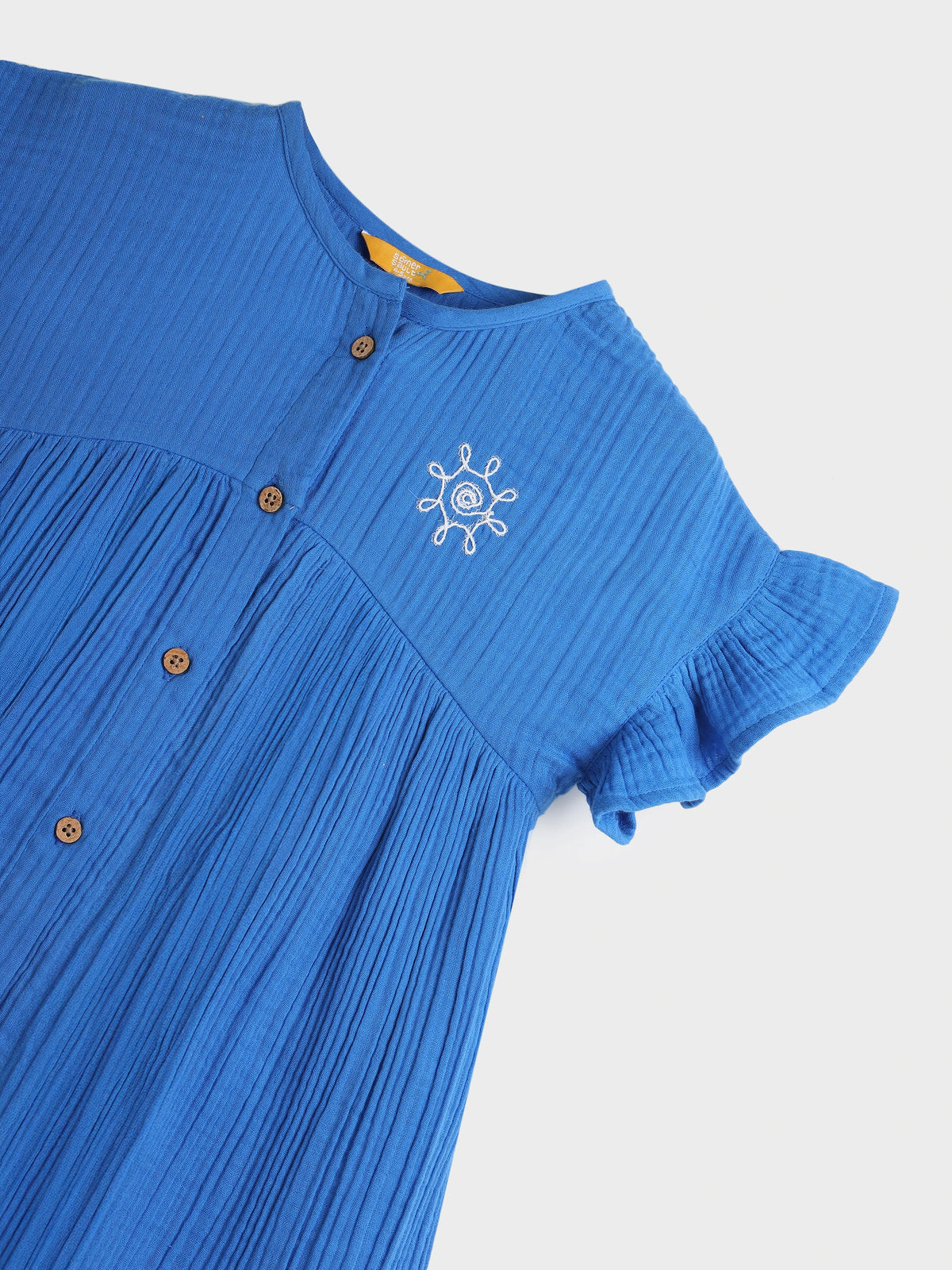 Blue Palm Embroidered Flutter Sleeve Dress