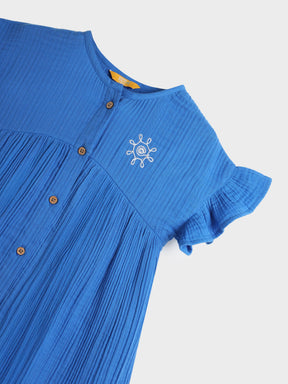 Blue Palm Embroidered Flutter Sleeve Dress