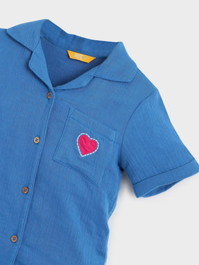 Blue Heart Patch Shirt & Shorts Co-Ord Set