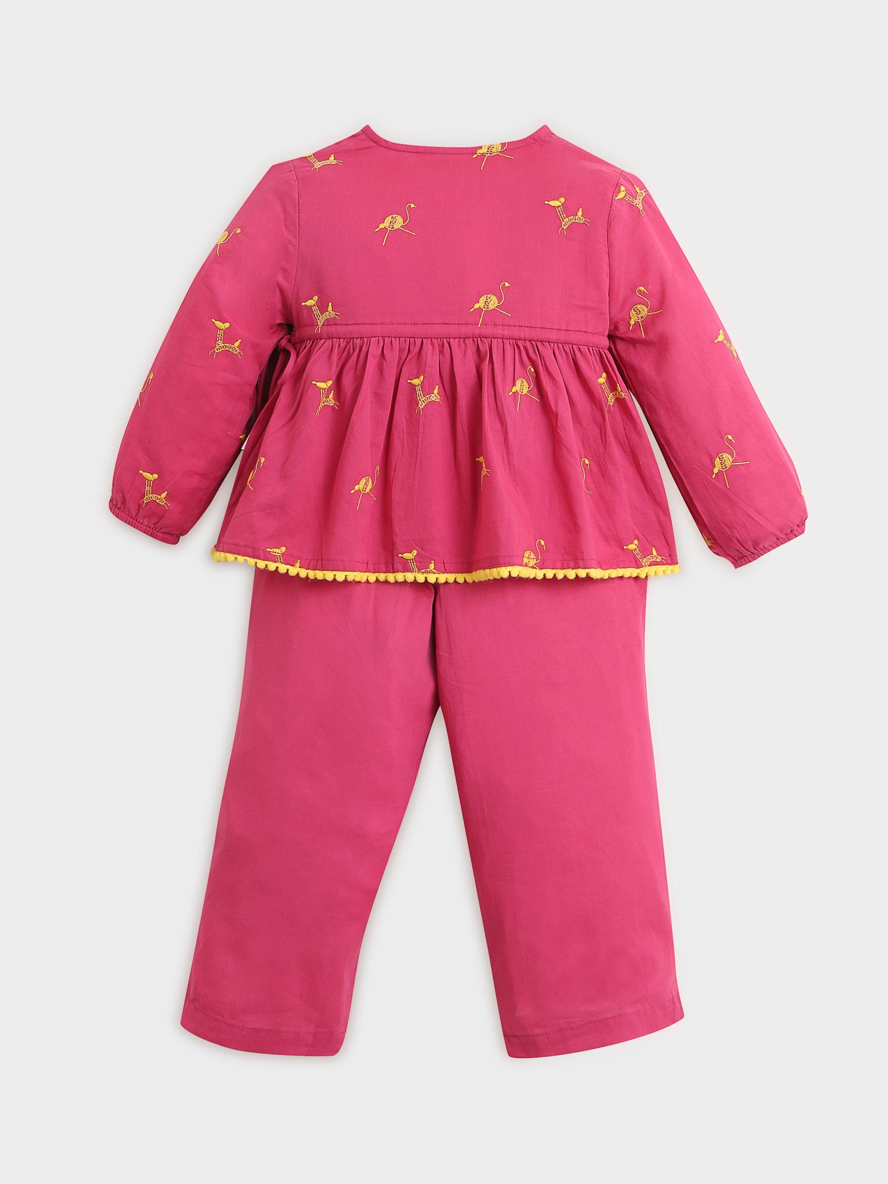 Pink Flamingo Embroidered Top & Pant Set