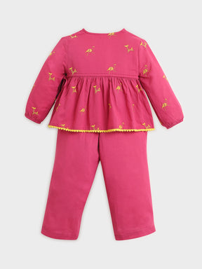Pink Flamingo Embroidered Top & Pant Set