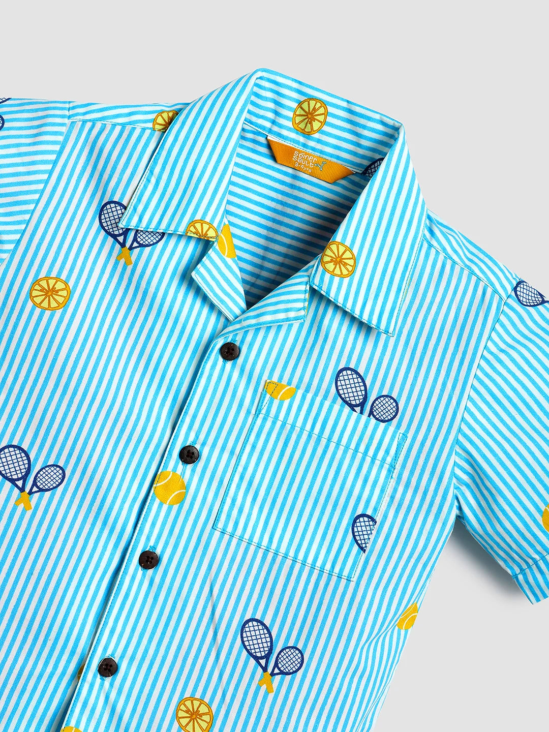 Boys Sky Blue Striped Tennis Print Shirt