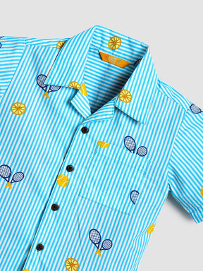 Boys Sky Blue Striped Tennis Print Shirt