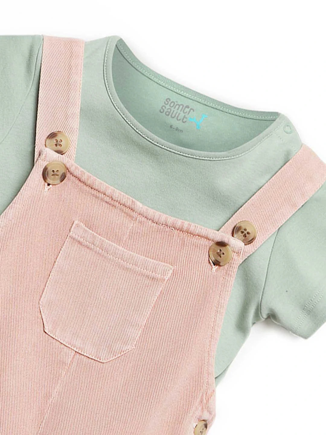 Pink Natural Dungaree With Green Tee