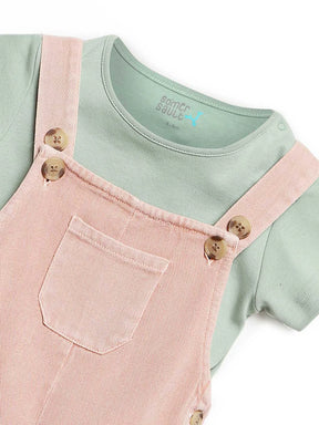 Pink Natural Dungaree With Green Tee