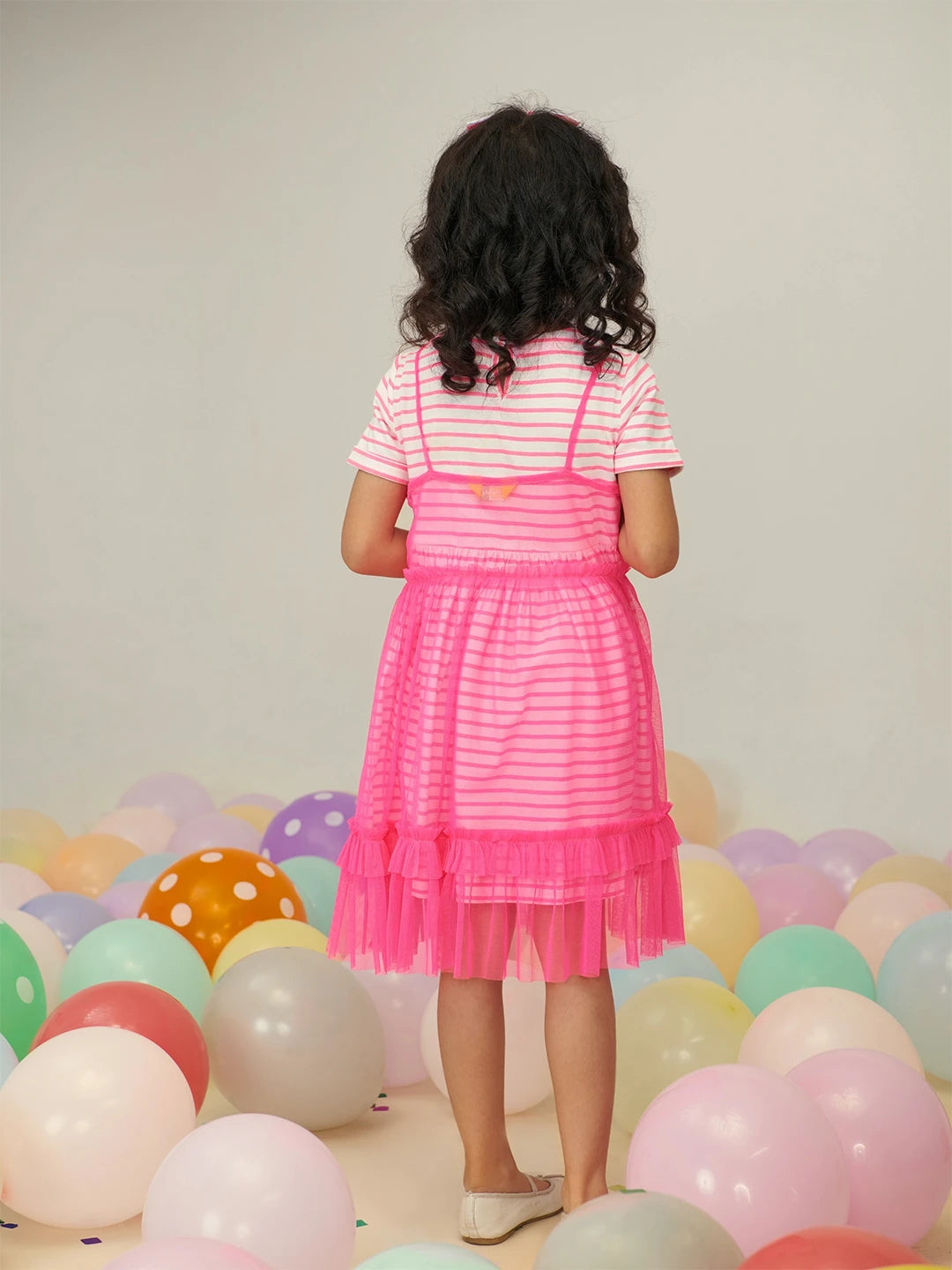 Pink Dress Set with Striped Dress & Tulle 3 Piece Set
