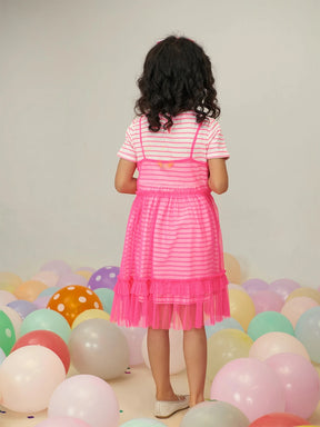 Pink Dress Set with Striped Dress & Tulle 3 Piece Set