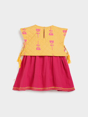 Solid Pink Dress with Quilted Yellow Jacket