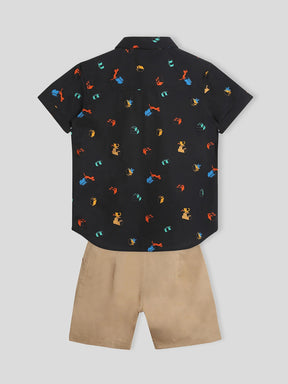 Black Printed Shirt & Shorts With Bow