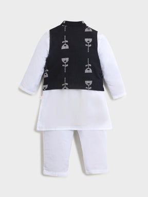 White Kurta Pajama With Black Jacket Set
