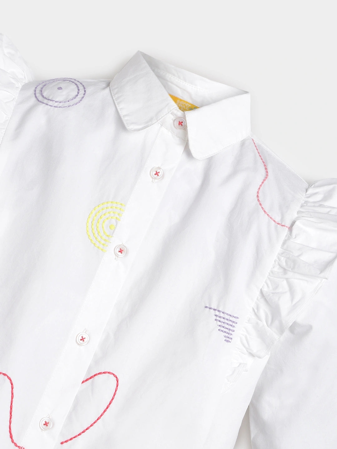 Ruffle Charm White Embroidered Cotton Shirt