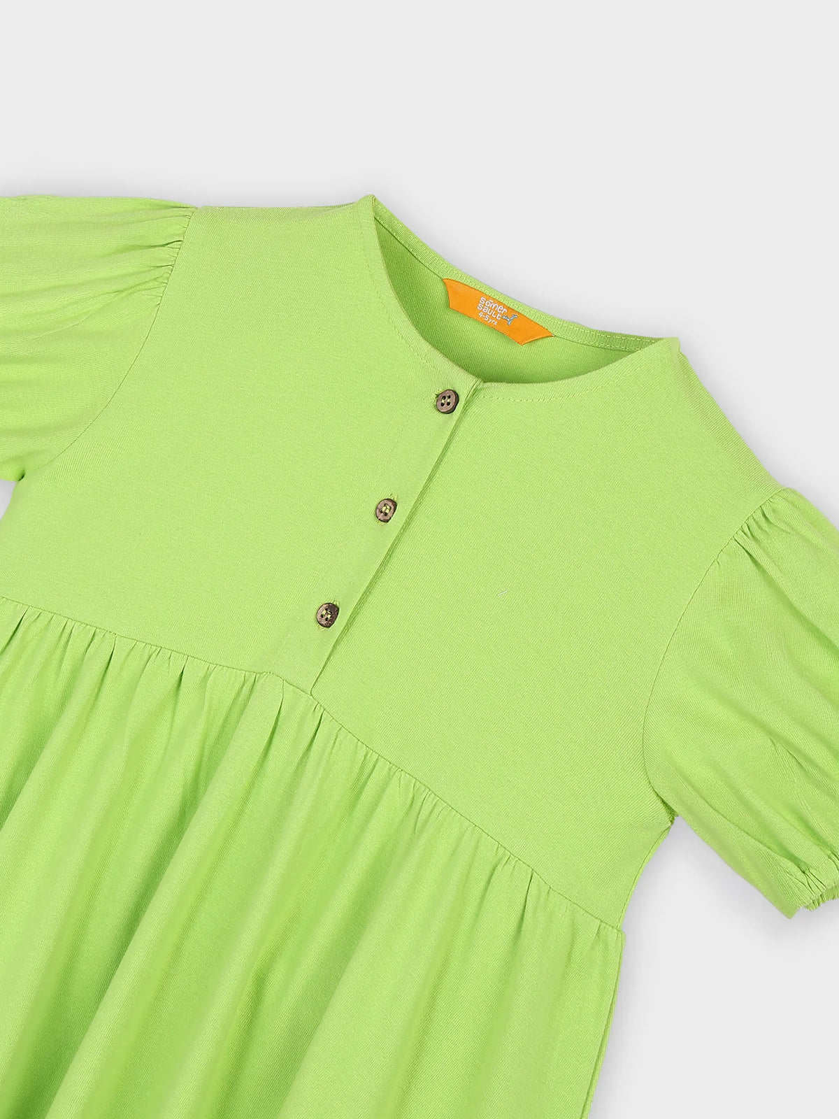 Lime Green Cotton Tiered Dress with Puff Sleeves