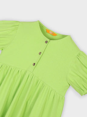 Lime Green Cotton Tiered Dress with Puff Sleeves
