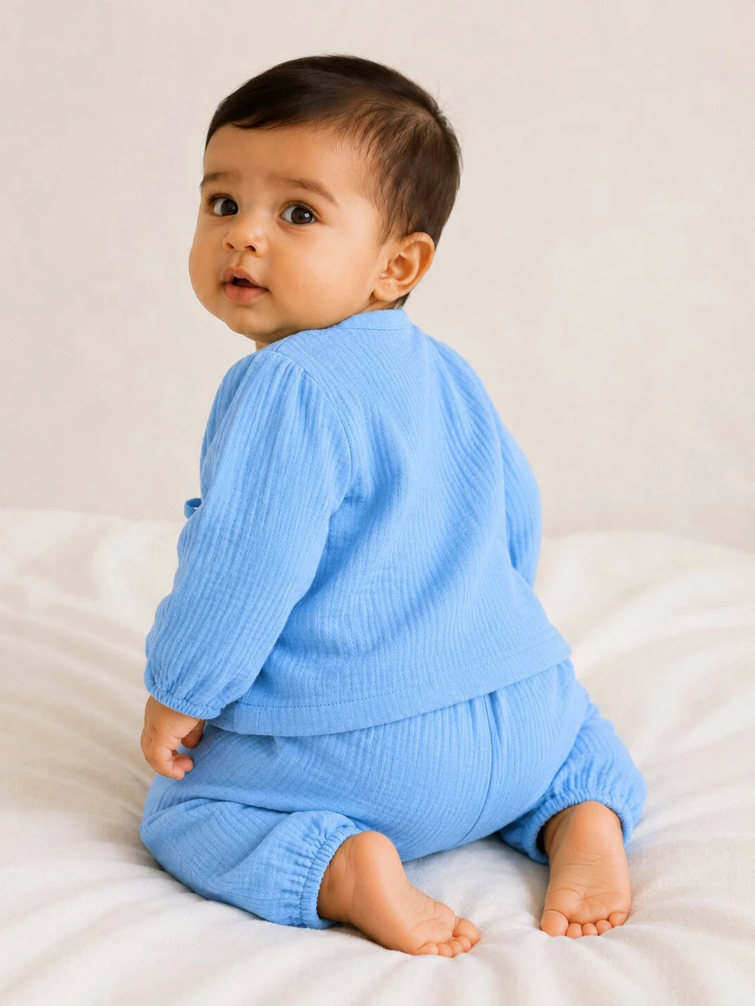 Embroidered Blue Muslin Jhabla Set