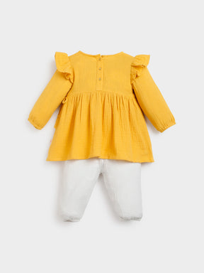 Yellow Embroidered Wrap Top Pant Set