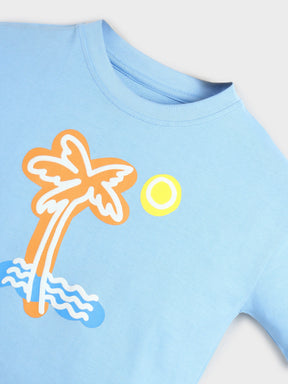Sky Blue Palm Graphic Cotton T-Shirt