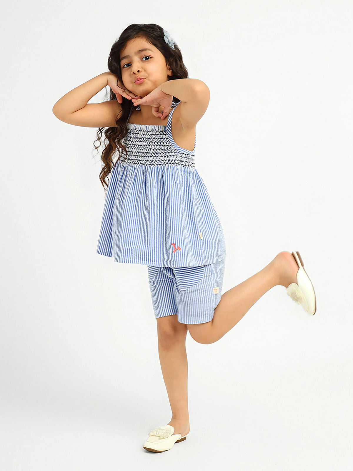 Striped Cotton Smocked Top & Shorts Set