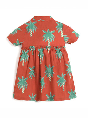 Tropical Palm Print Cotton Shirt Dress
