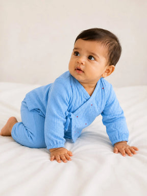 Embroidered Blue Muslin Jhabla Set