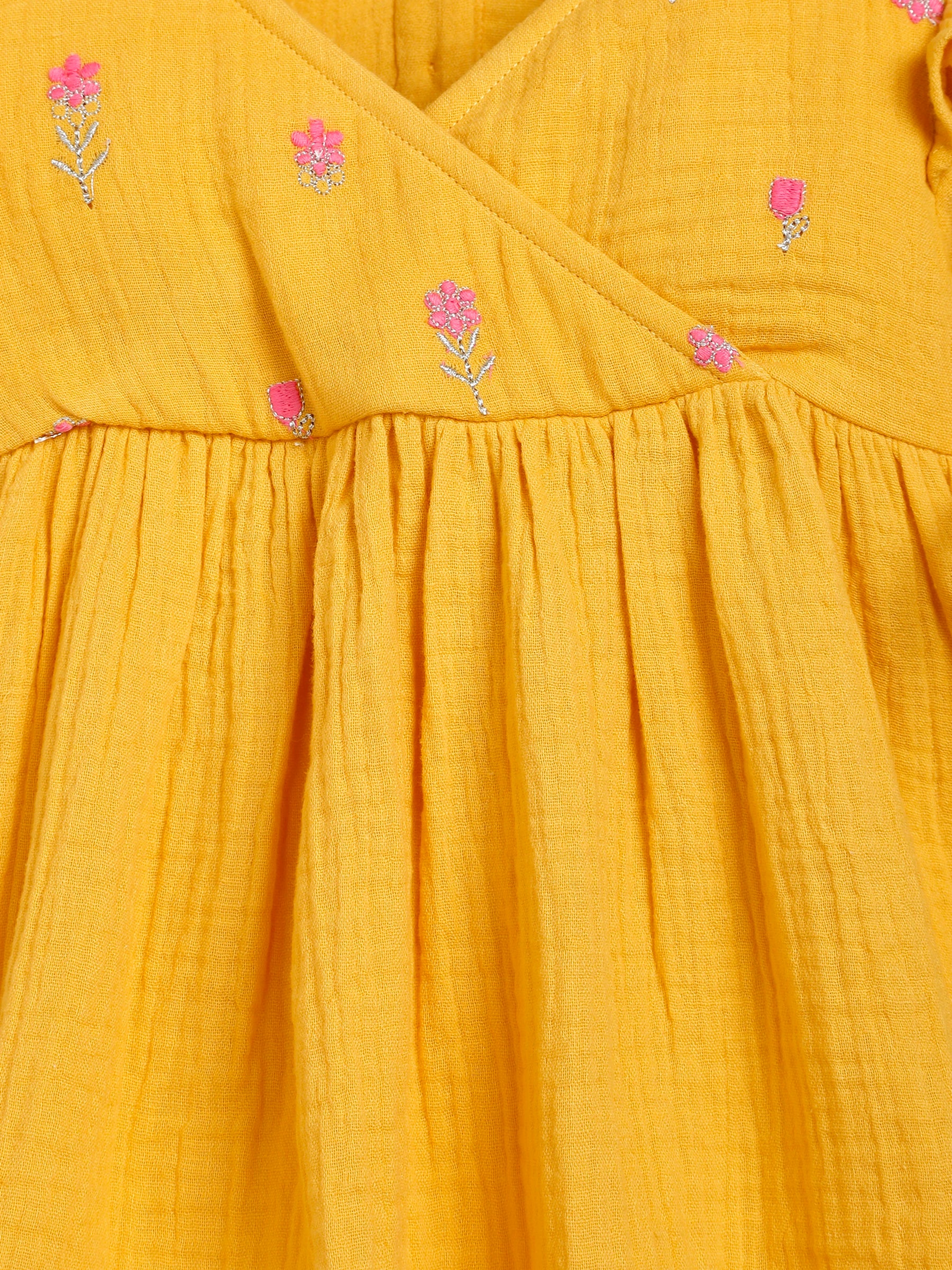 Yellow Embroidered Wrap Top Pant Set