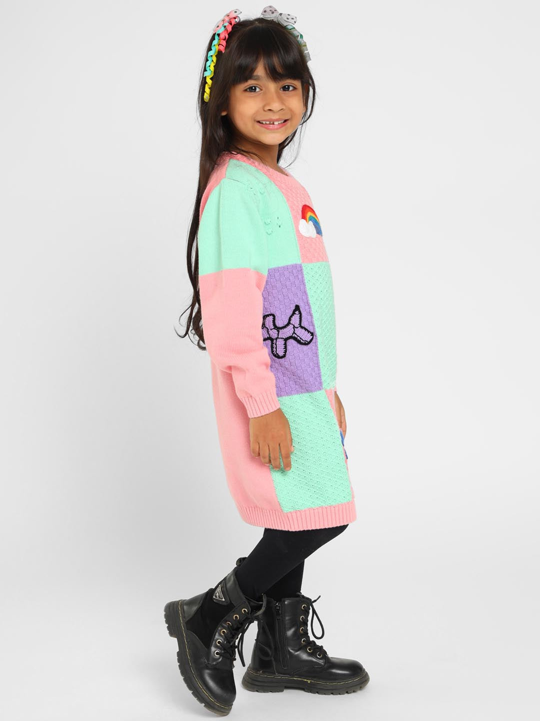 Color Patch Crocheted Sweater Dress