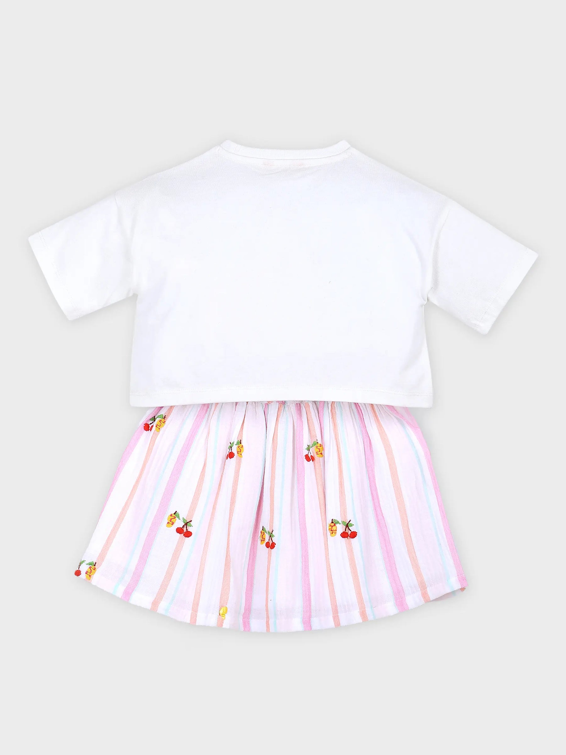 Cherry Print T-Shirt & Pastel Stripe Skirt Set for Girls