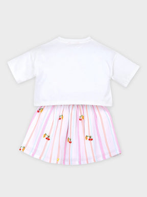 Cherry Print T-Shirt & Pastel Stripe Skirt Set for Girls