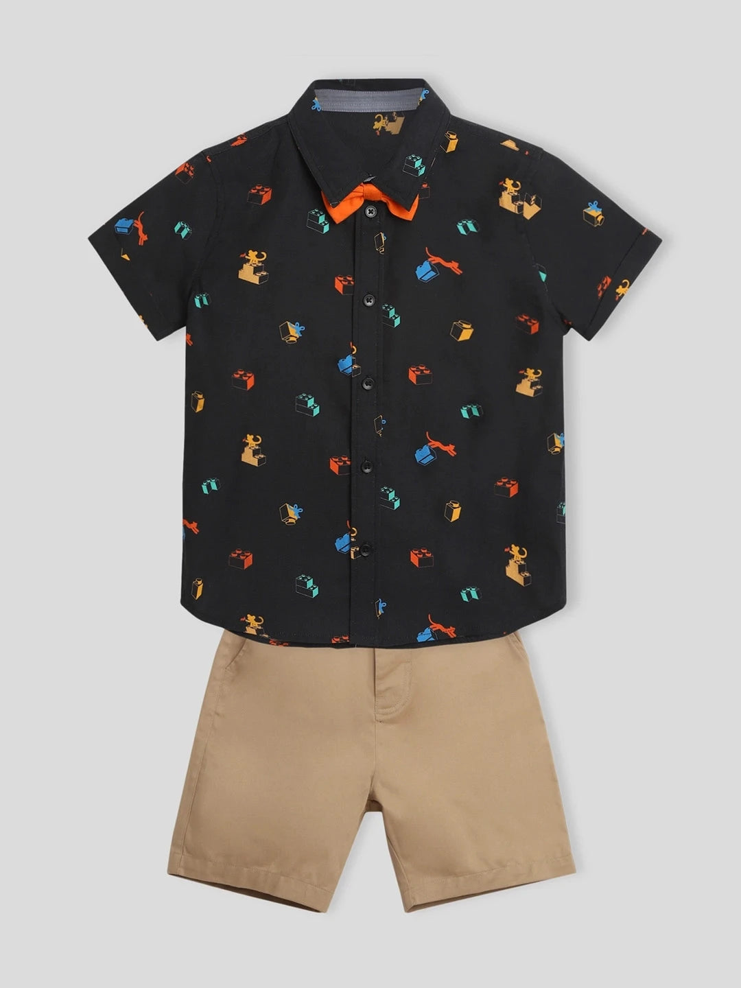 Black Printed Shirt & Shorts With Bow