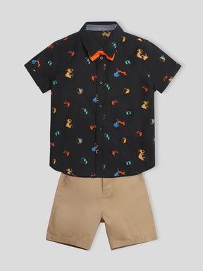 Black Printed Shirt & Shorts With Bow