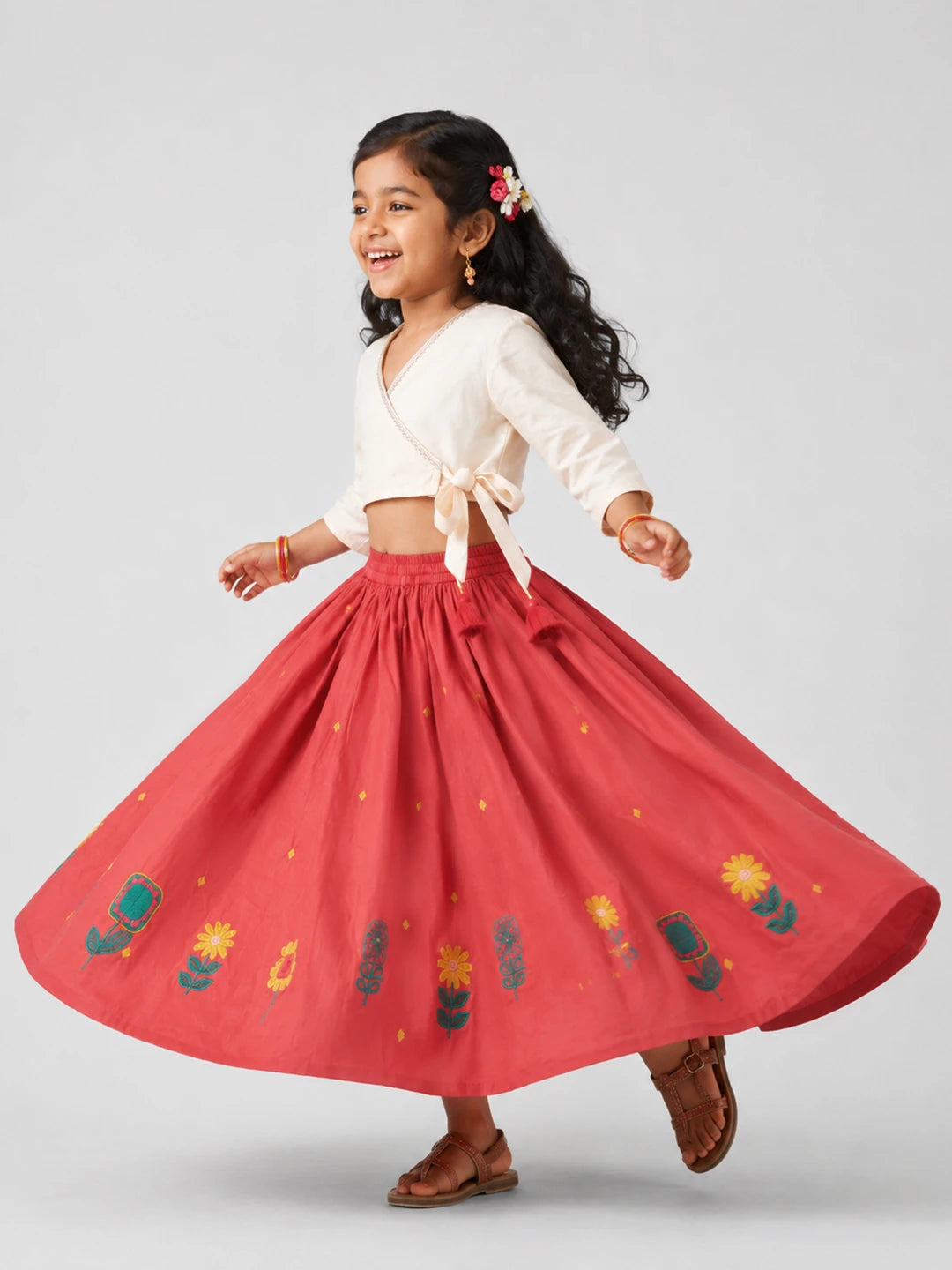 Embroidered Rayon Wrap Top Skirt Set