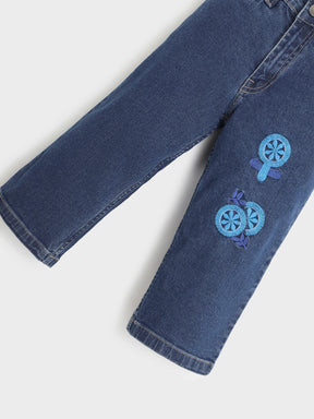 Blue Embroidered Denim Pants