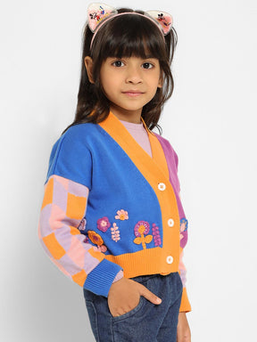 Flower & Checks Printed Cotton Cardigan