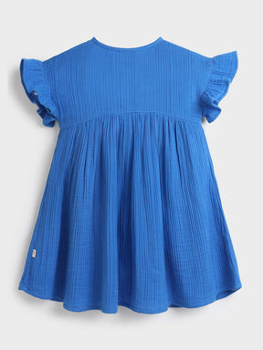 Blue Palm Embroidered Flutter Sleeve Dress