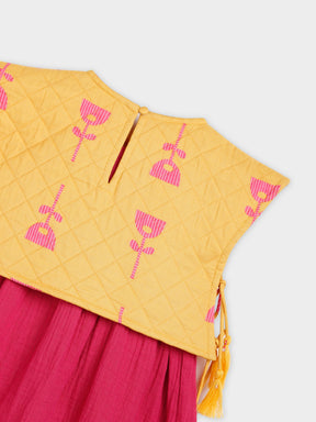 Solid Pink Dress with Quilted Yellow Jacket