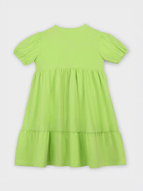 Lime Green Cotton Tiered Dress with Puff Sleeves