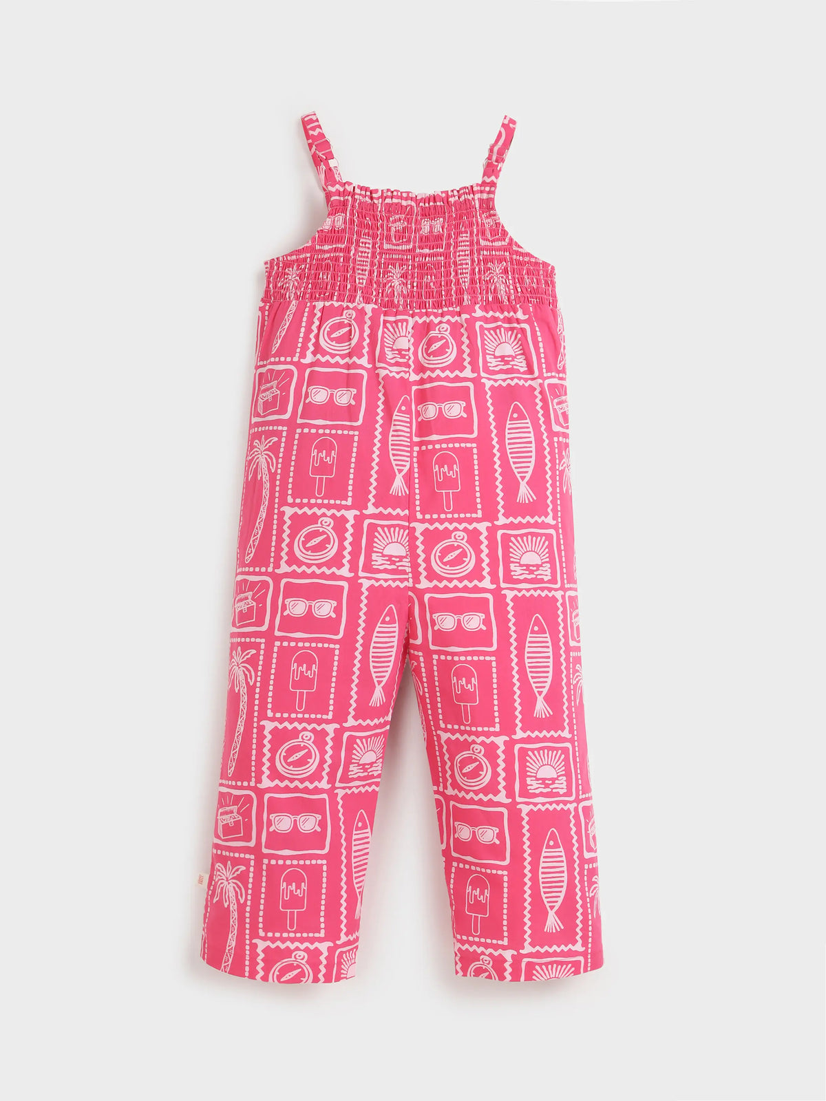 Girls’ Pink Printed Strap Jumpsuit