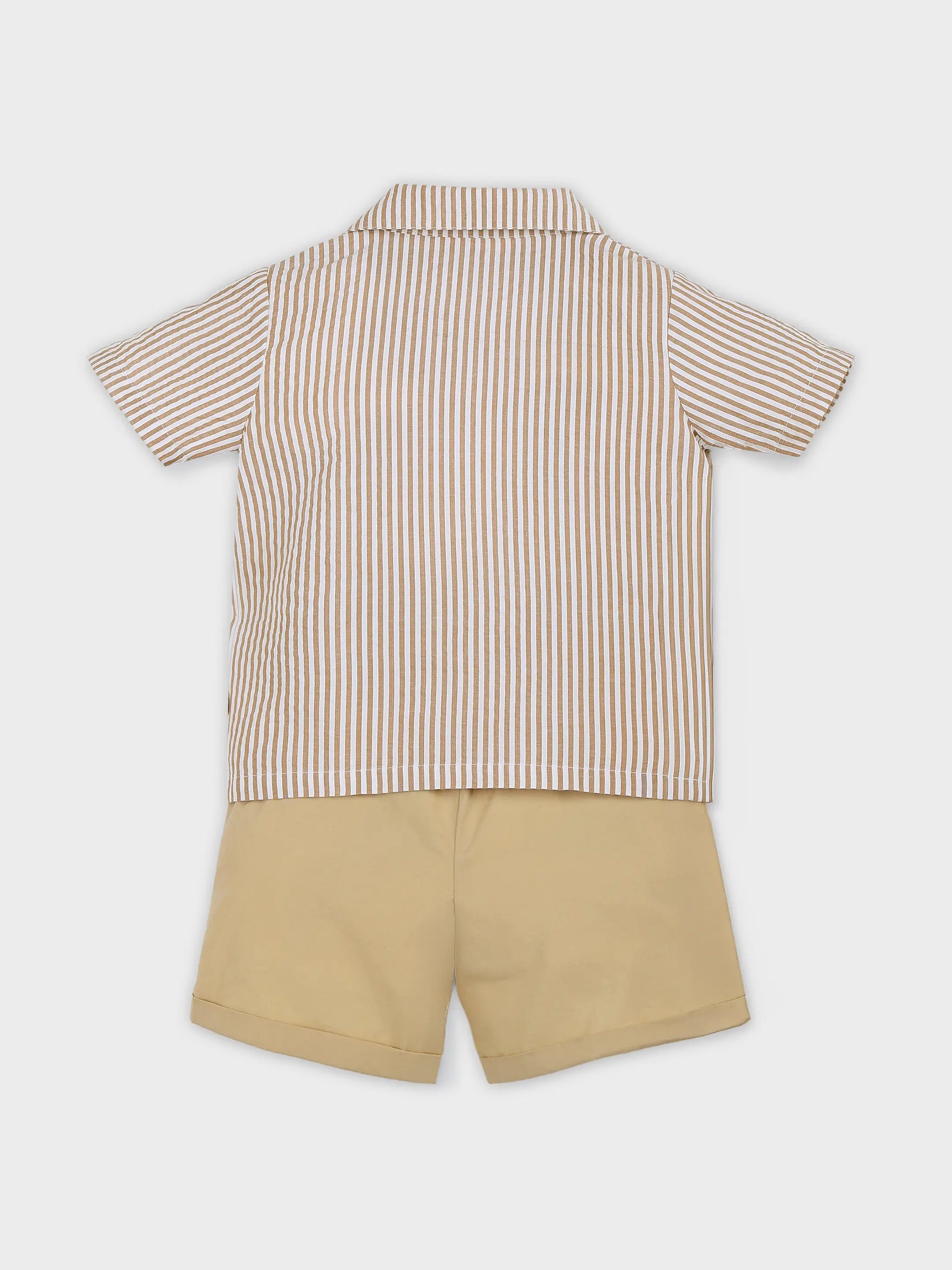 Beige Stripe Shirt & Shorts Boys Set with Palm Embroidery