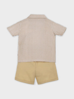 Beige Stripe Shirt & Shorts Boys Set with Palm Embroidery