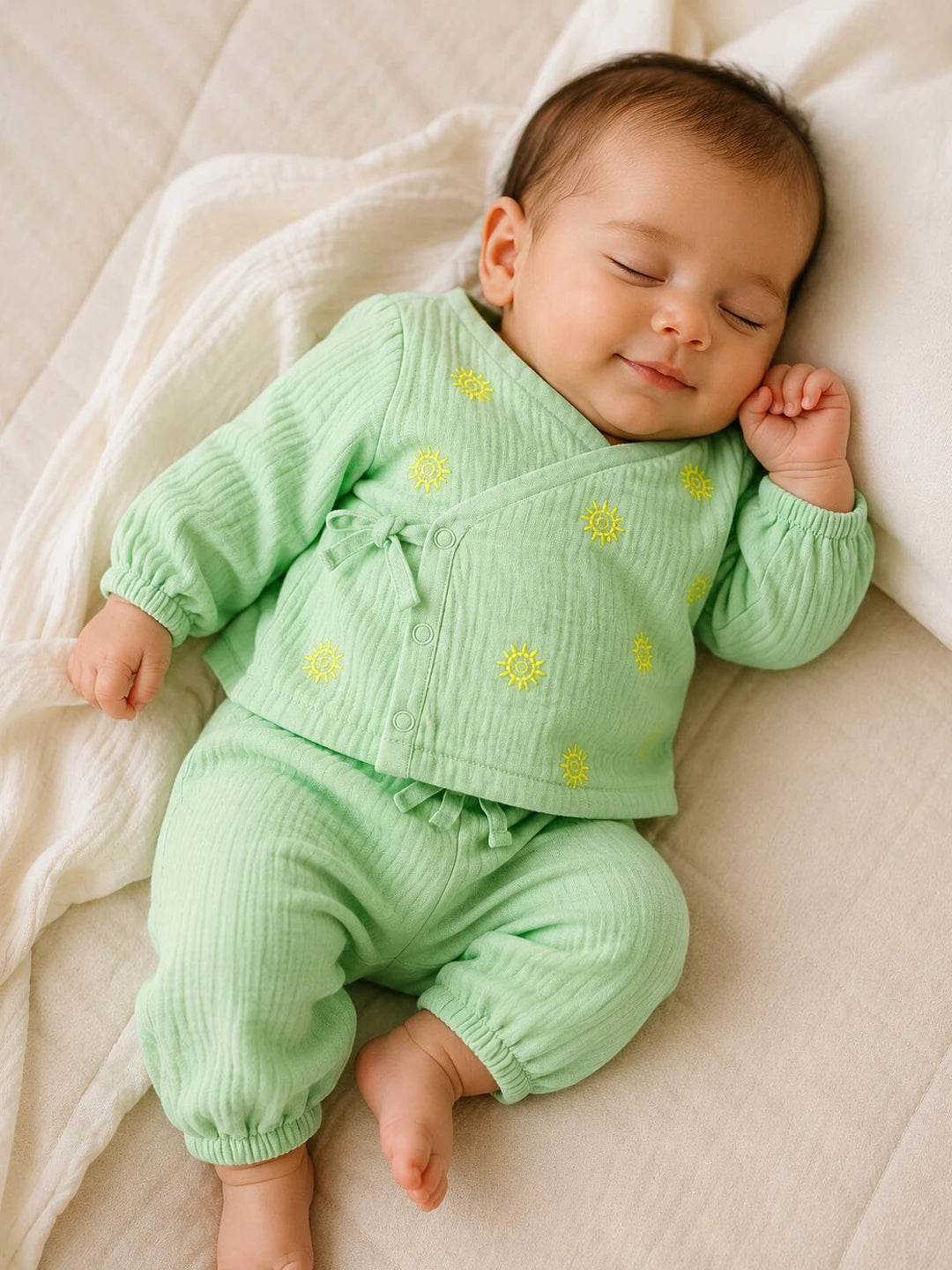 Embroidered Green Muslin Jhabla Set