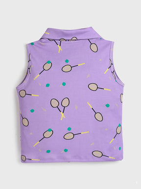 Lavender Racquet Print Sleeveless Polo Top