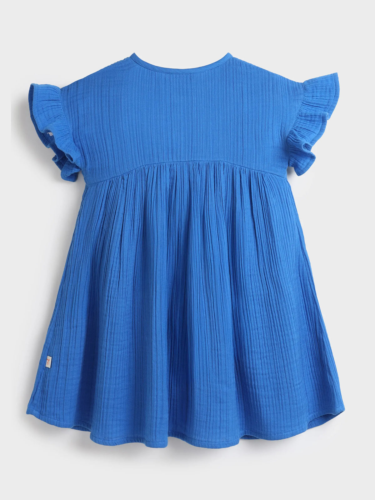 Girls’ Blue Palm Embroidered Flutter Sleeve Dress