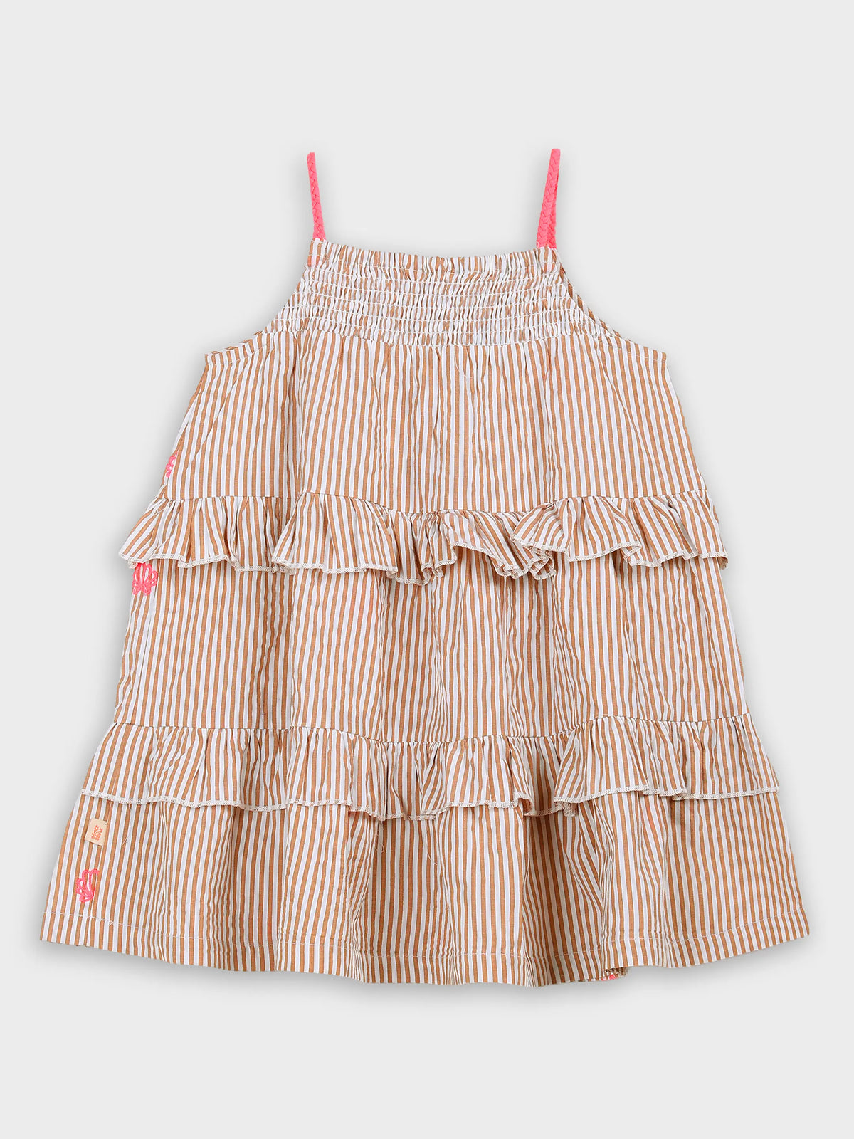 Peach Stripe Tiered Dress with Floral Embroidery