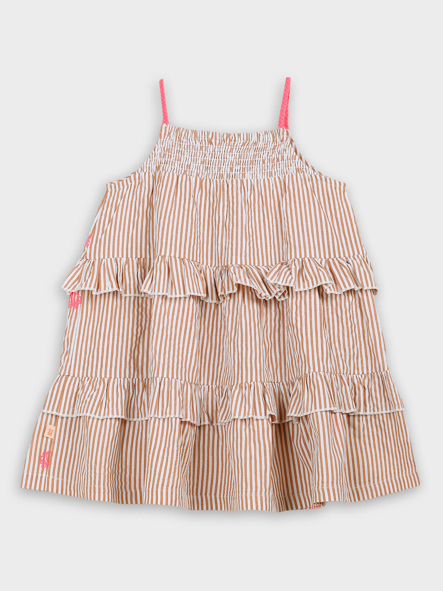 Peach Stripe Tiered Dress with Floral Embroidery